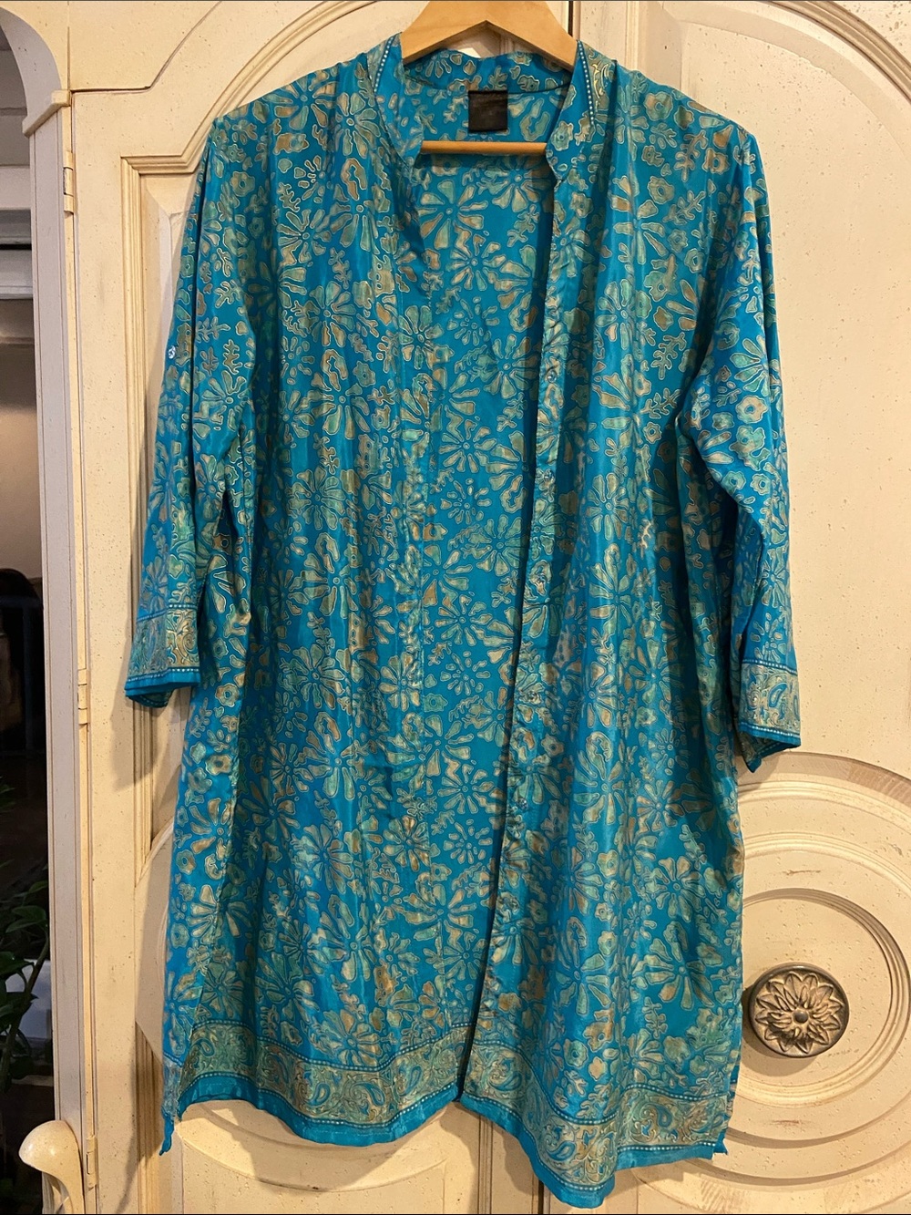 Turquoise Floral Open-Front Kimono Robe